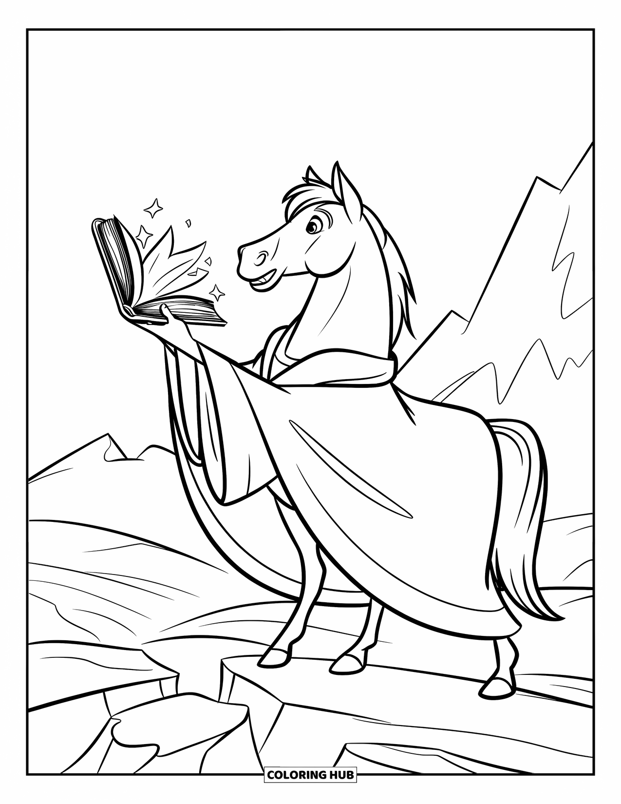Horse Coloring Page for Kids: A horse in a wizard robe casts magic from a book in a forest