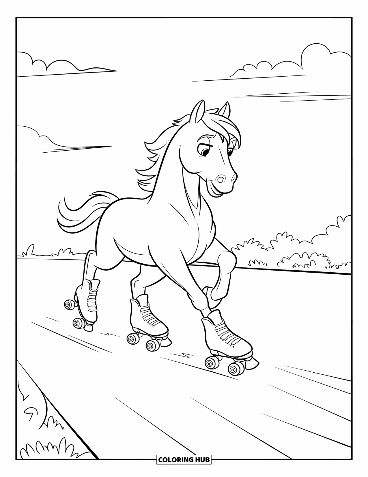 Horse Coloring Page for Kids: A horse in roller skates wobbles nervously on a smooth path