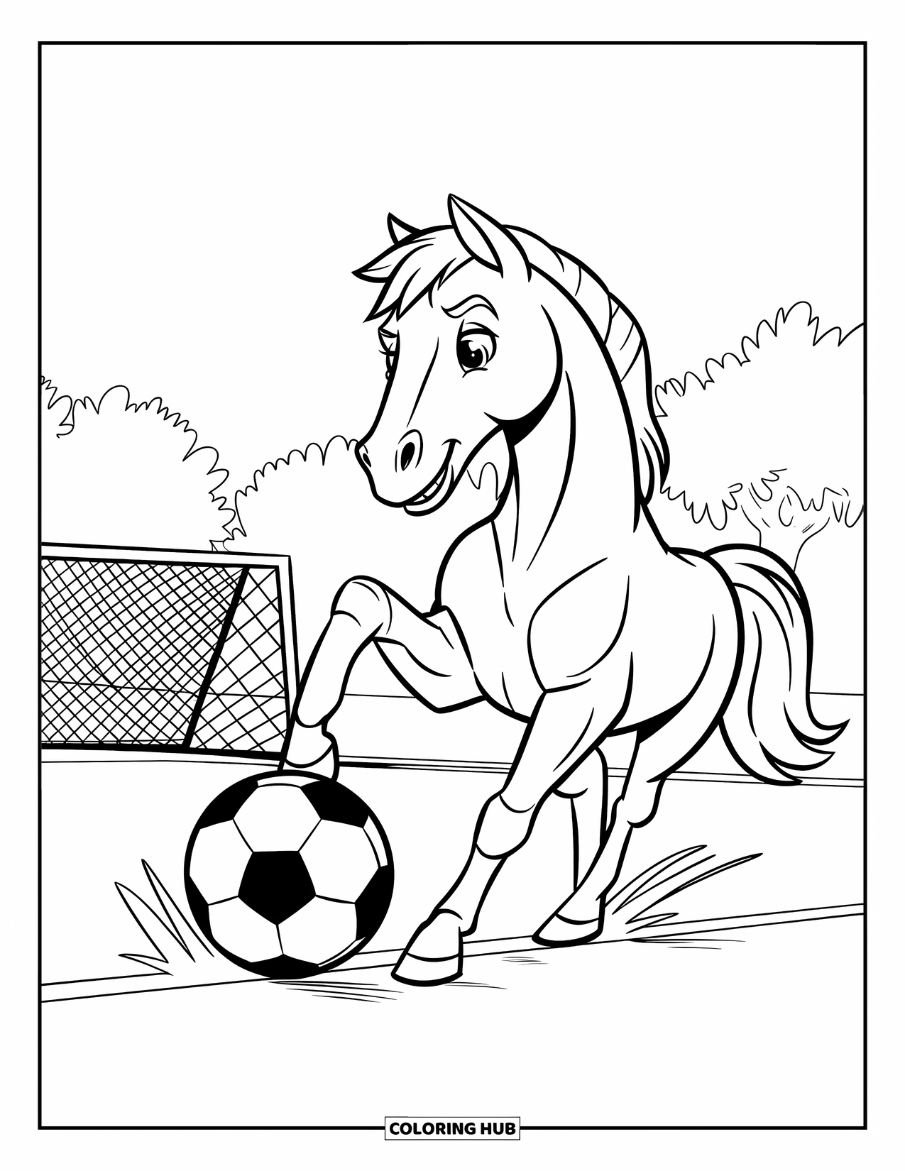 Horse Coloring Page for Kids: A horse kicks a soccer ball on a field with goalposts nearby
