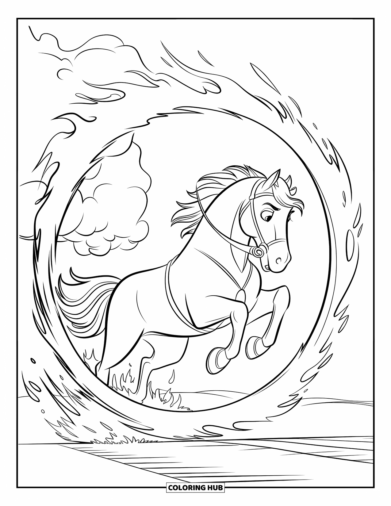 Horse Coloring Page for Kids: A horse leaps boldly through a ring of fire, flames swirling around