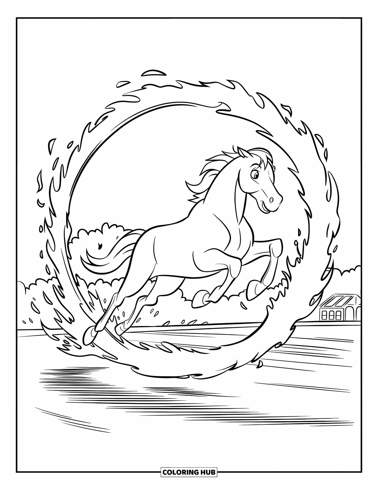 Horse Coloring Page for Kids: A horse leaps through a ring of fire in a stadium filled with spectators