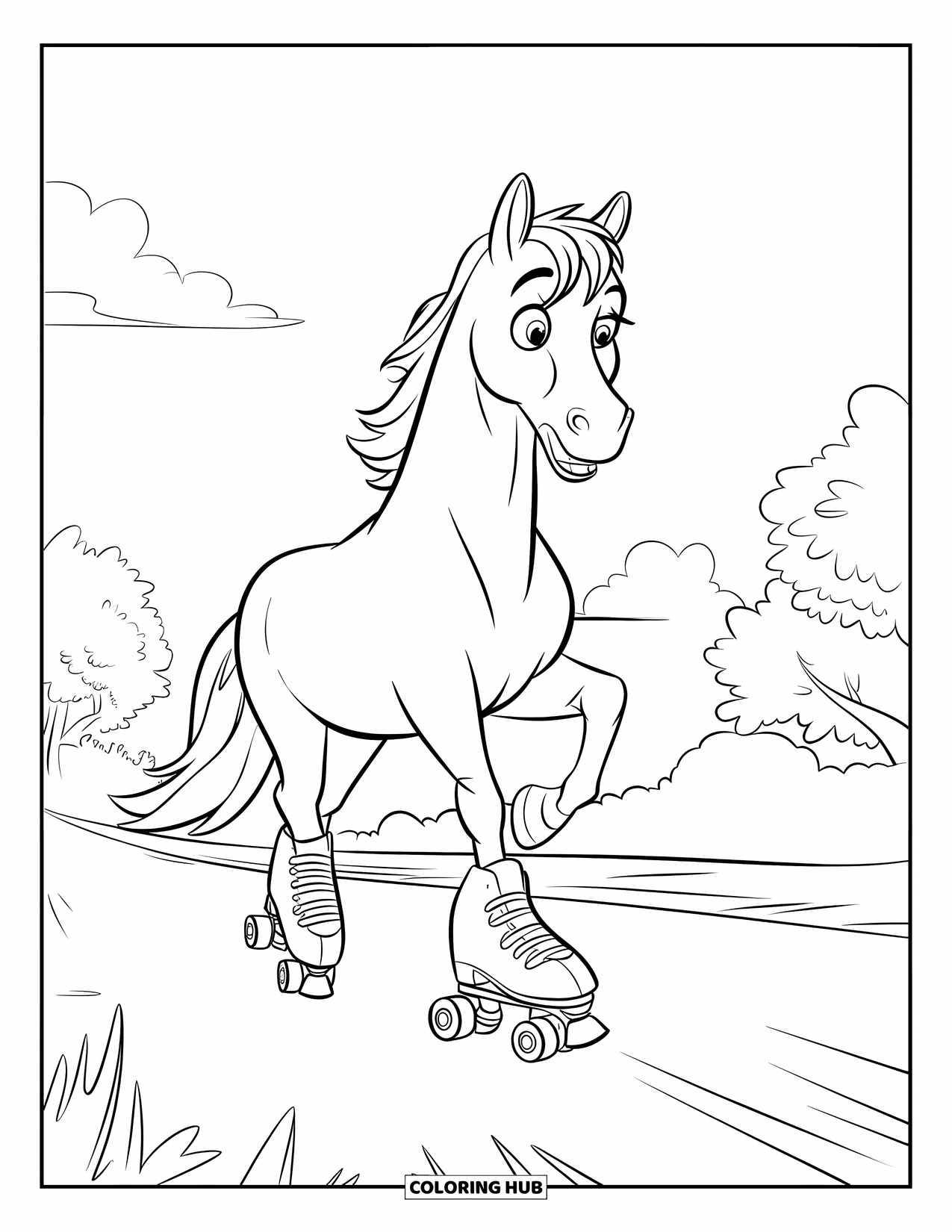 Horse Coloring Page for Kids: A horse on roller skates tries to balance with a surprised expression