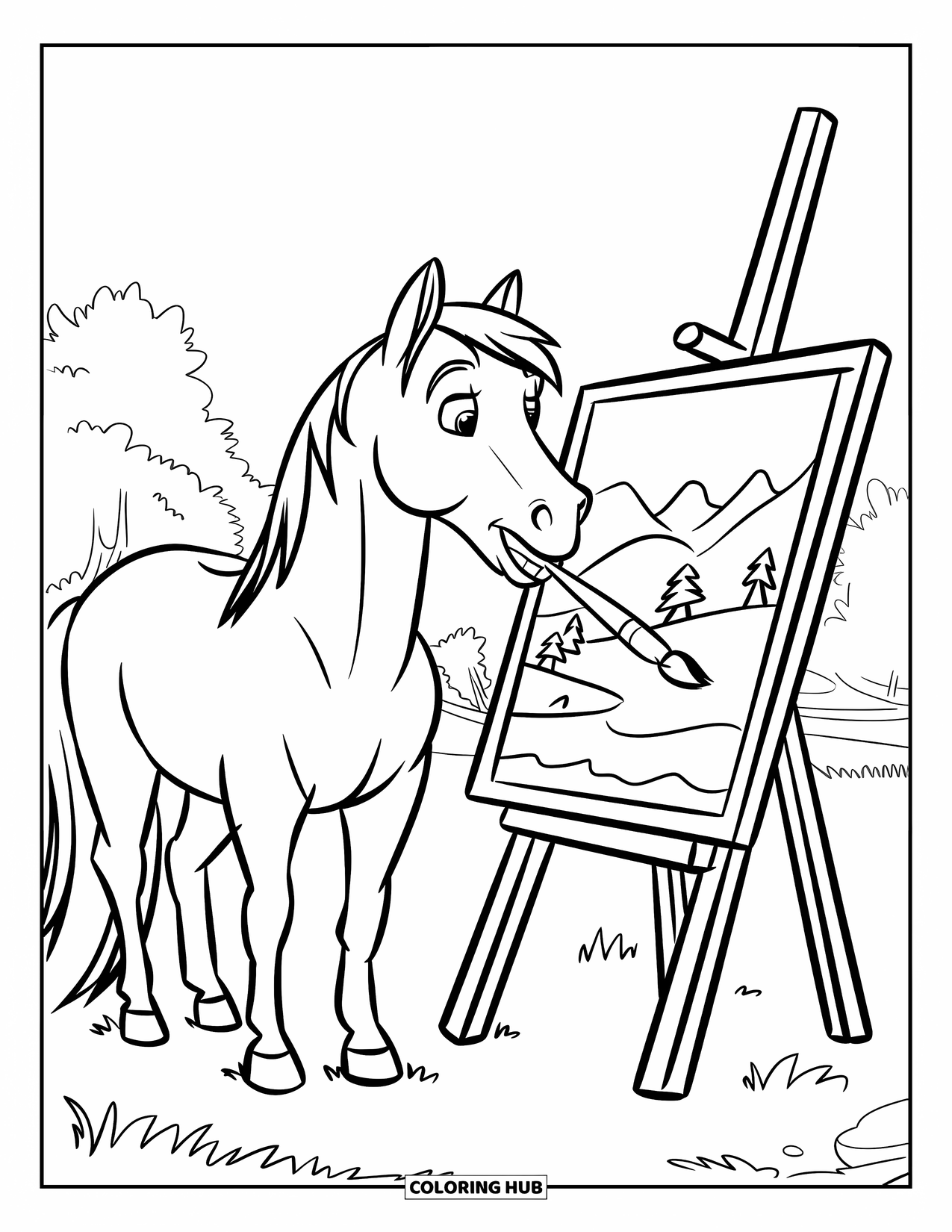 Horse Coloring Page for Kids: A horse paints a landscape on an easel in a grassy field