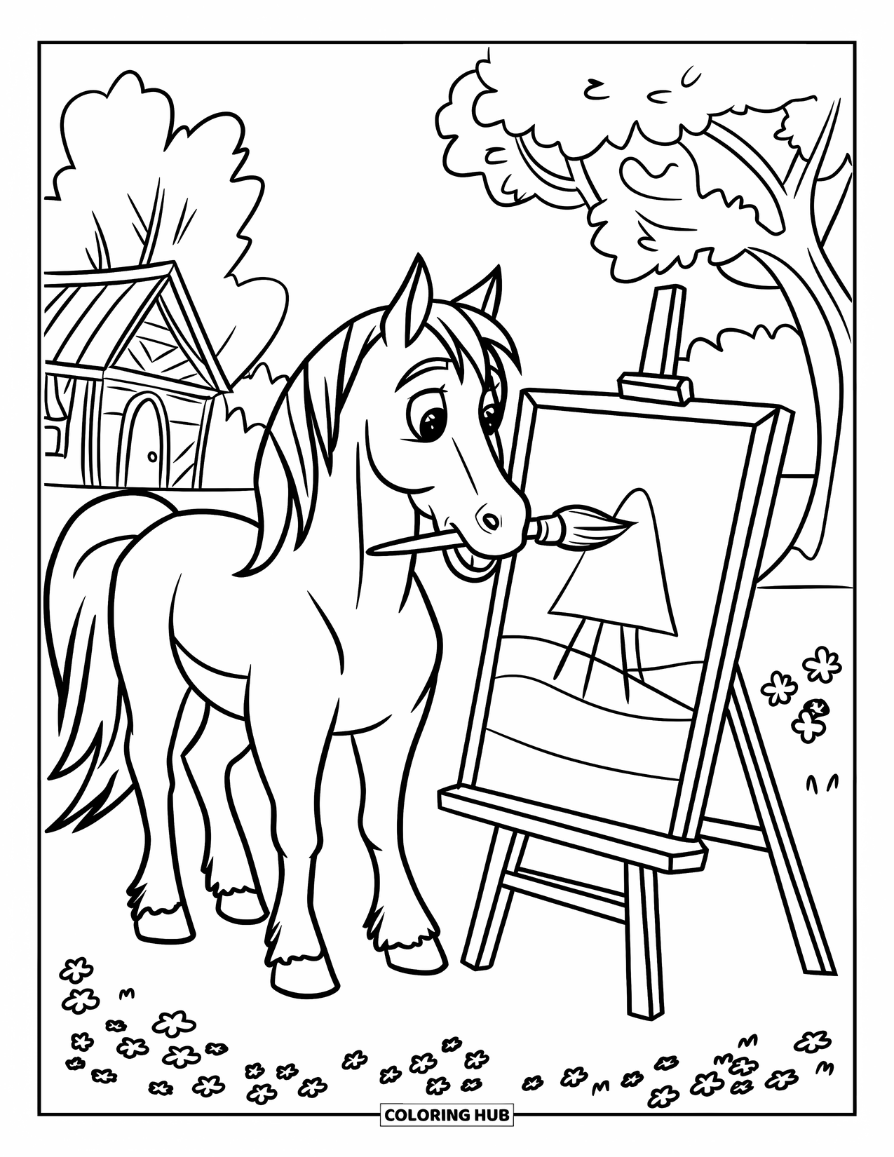 Horse Coloring Page for Kids: A horse paints on an easel, holding a brush in its mouth