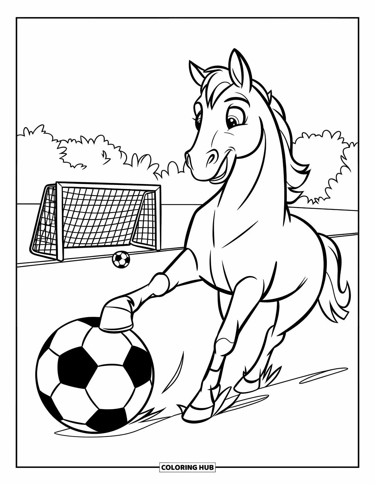 Horse Coloring Page for Kids: A horse plays soccer, kicking a ball with its hoof