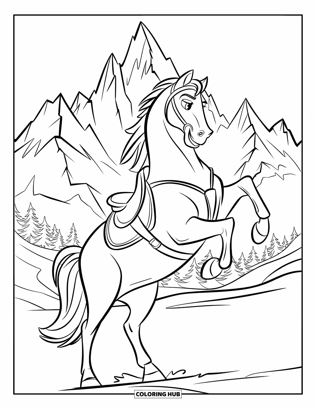 Horse Coloring Page for Kids: A horse rears up against mountains with snow-covered peaks