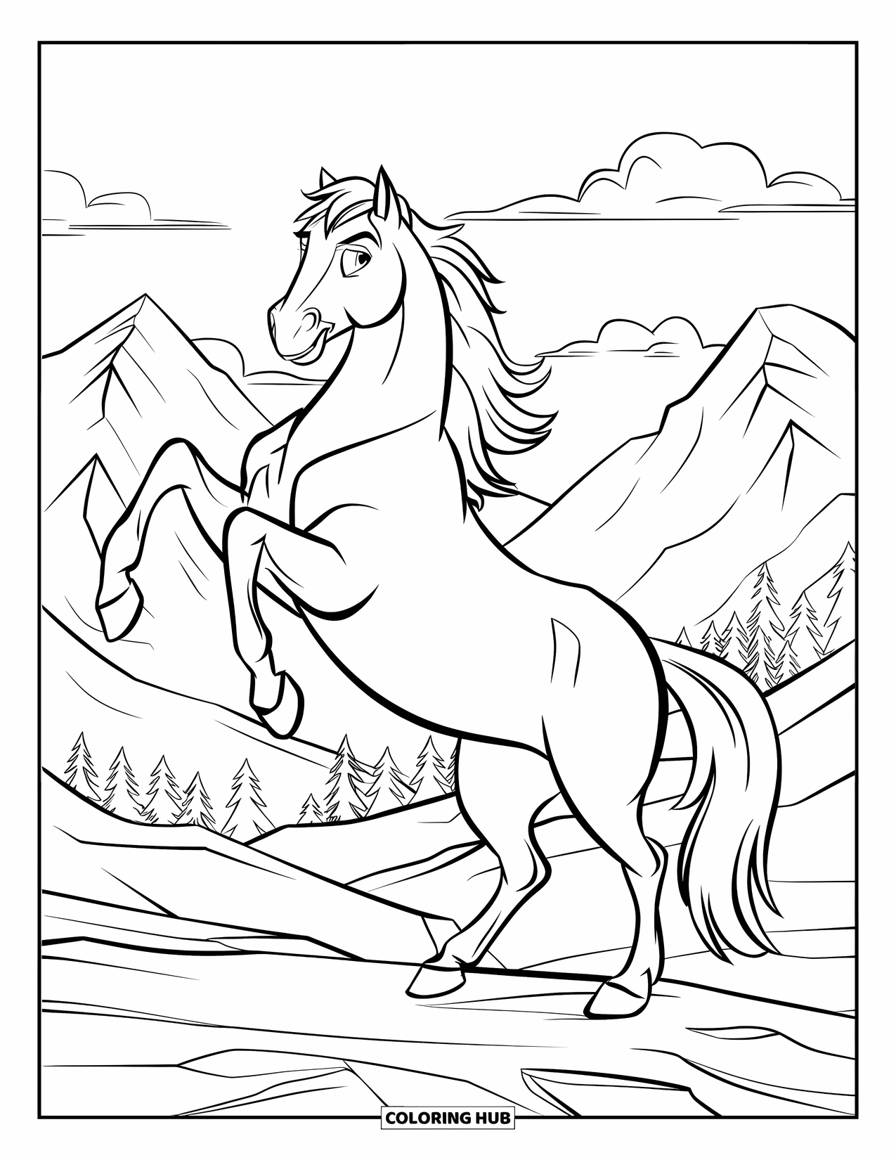 Horse Coloring Page for Kids: A horse rears up dramatically in front of towering mountains