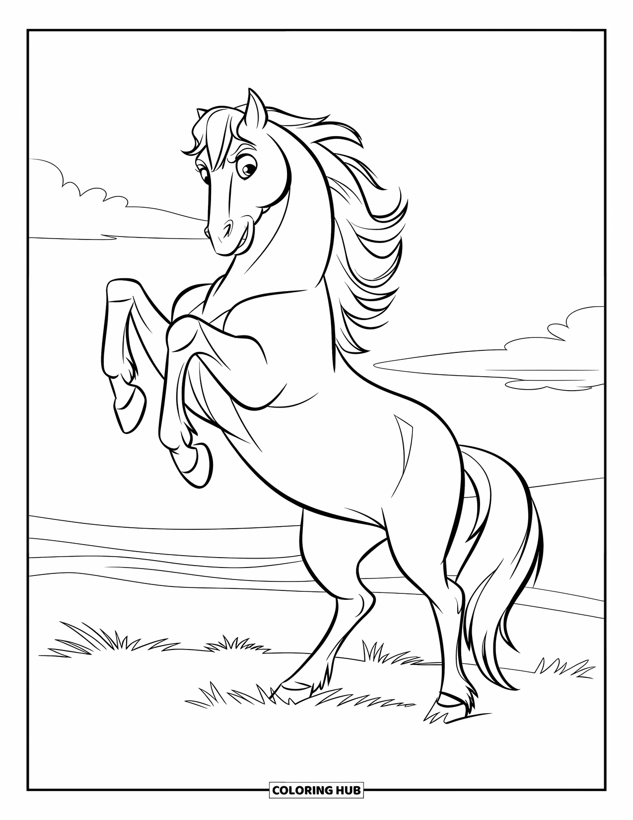 Horse Coloring Page for Kids: A horse rears up powerfully on a grassy field under a clear sky