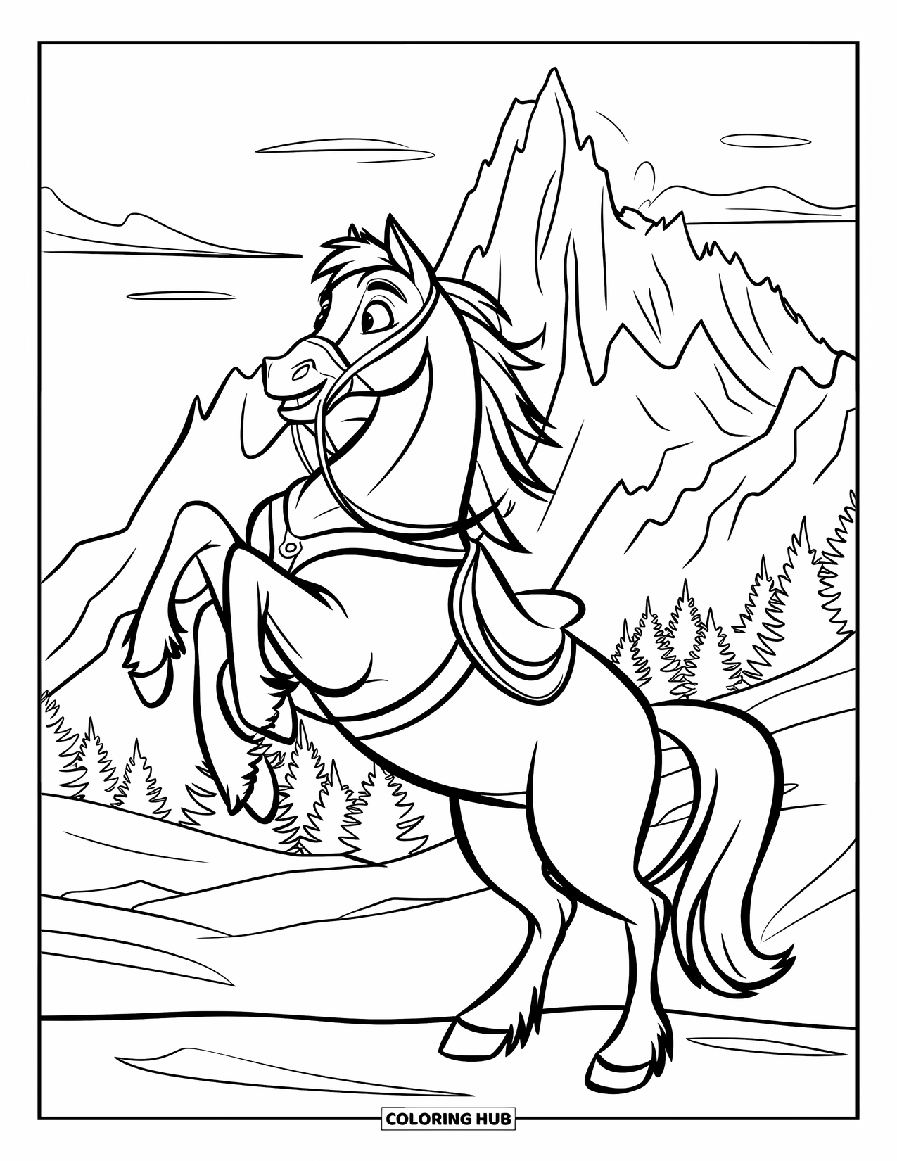 Horse Coloring Page for Kids: A horse rears with its mane flying against a mountain backdrop