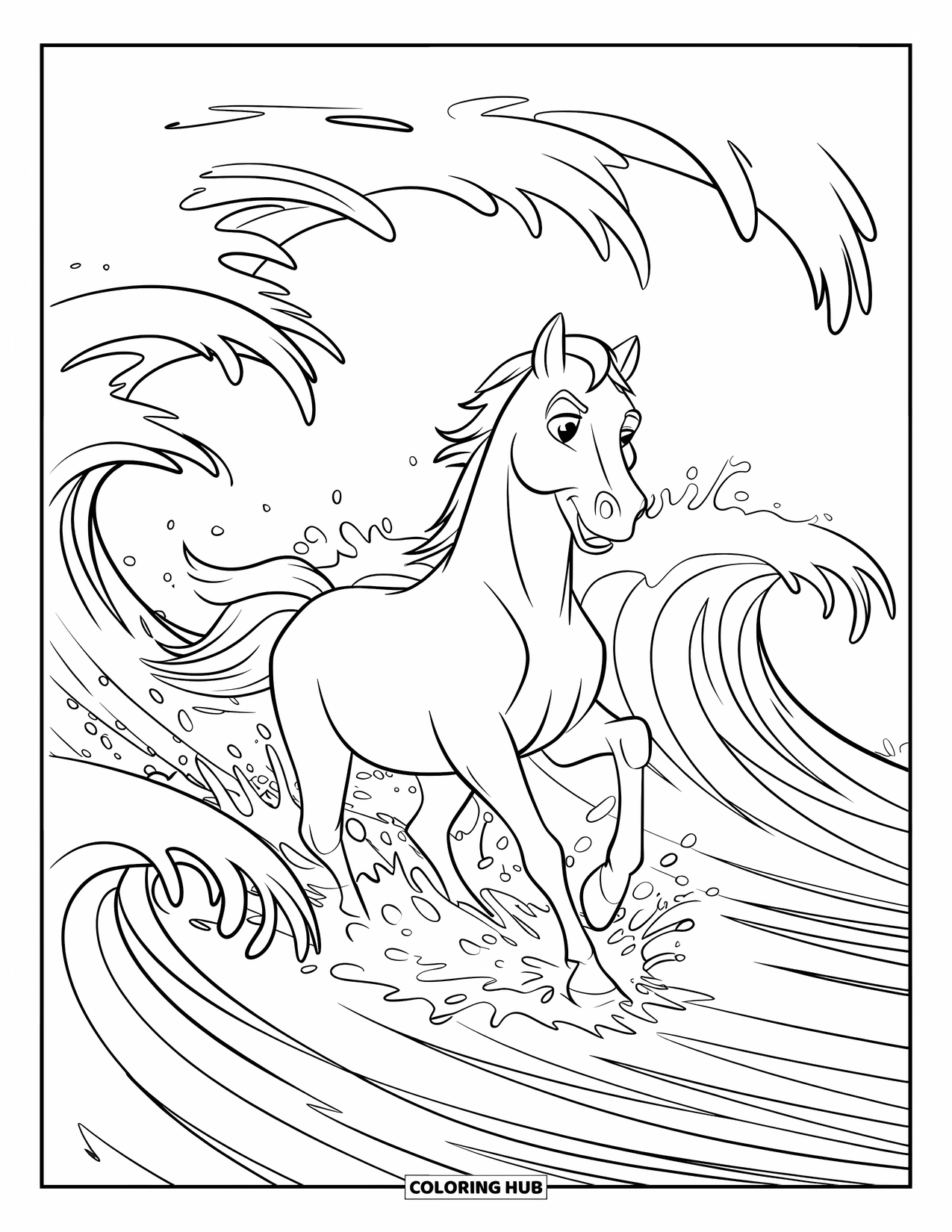 Horse Coloring Page for Kids: A horse runs freely through ocean waves with a rocky shore nearby