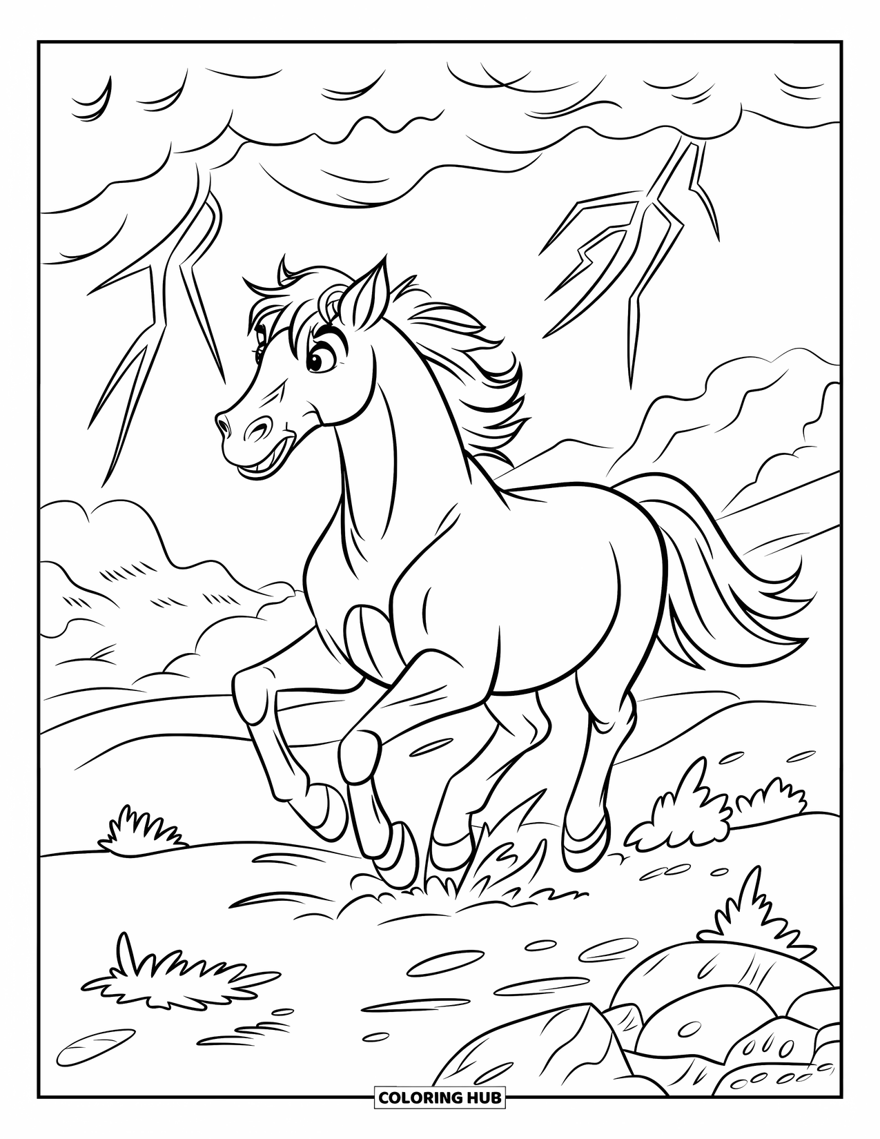 Horse Coloring Page for Kids: A horse runs on rocky ground through a storm with lightning bolts overhead