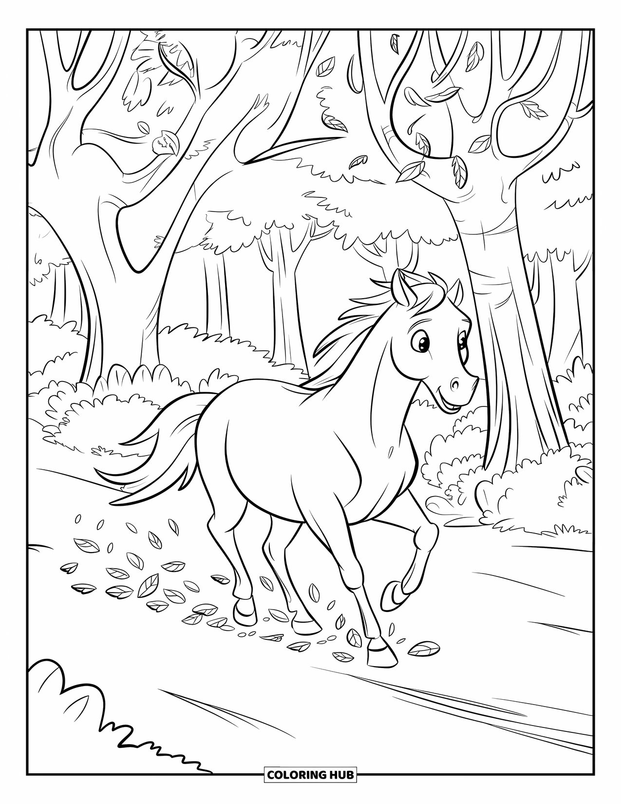 Horse Coloring Page for Kids: A horse runs swiftly through a forest, leaving trails of autumn leaves