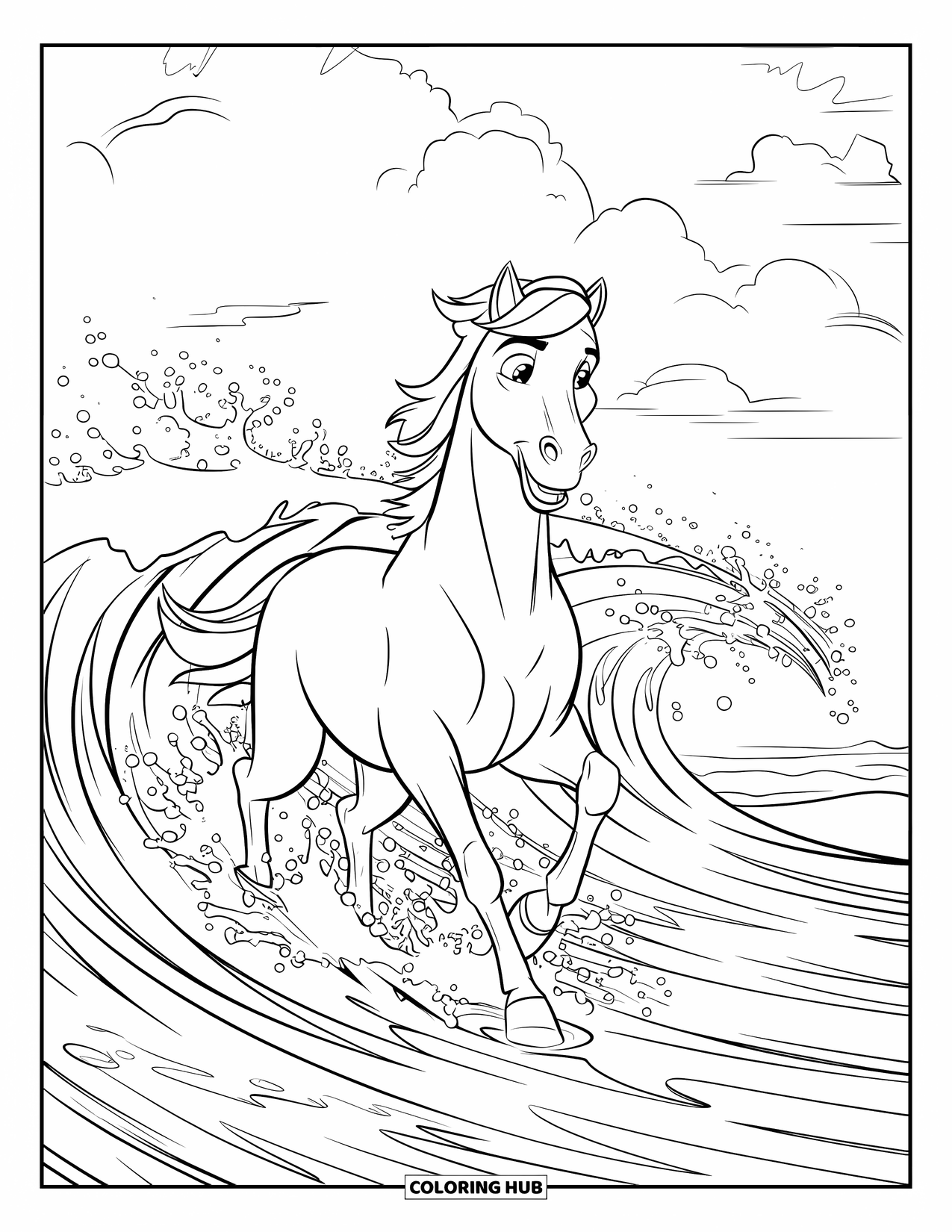 Horse Coloring Page for Kids: A horse runs through ocean waves, water splashing around its hooves