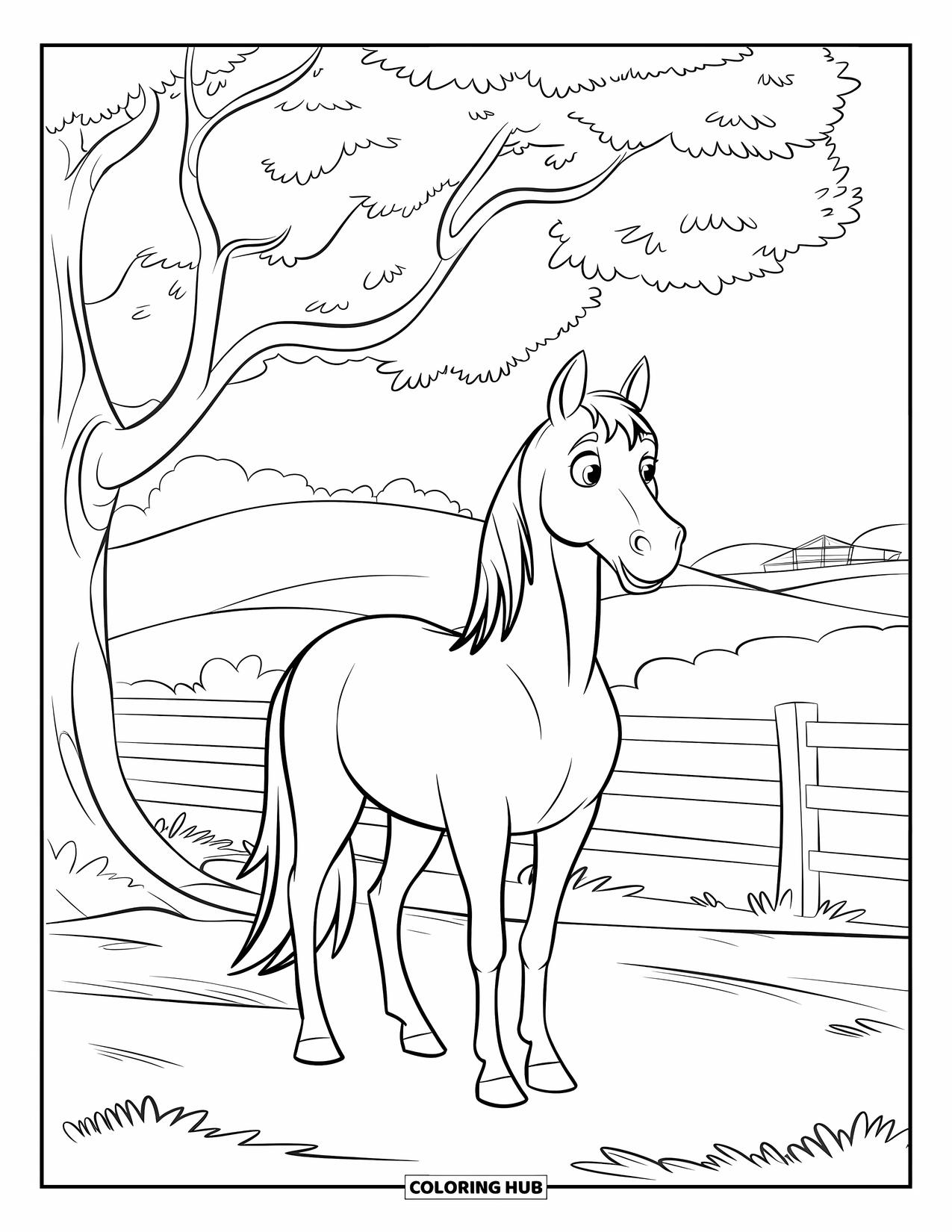 Horse Coloring Page for Kids: A horse stands alert under a big oak tree by a fence