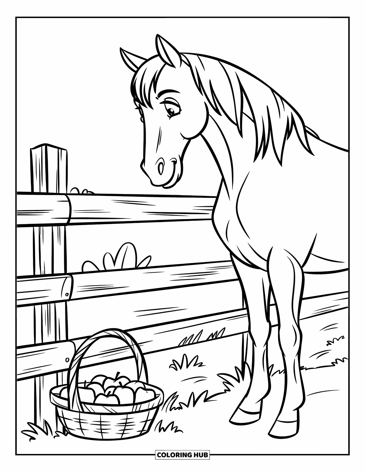 Horse Coloring Page for Kids: A horse stands by a fence, gazing at a basket of apples