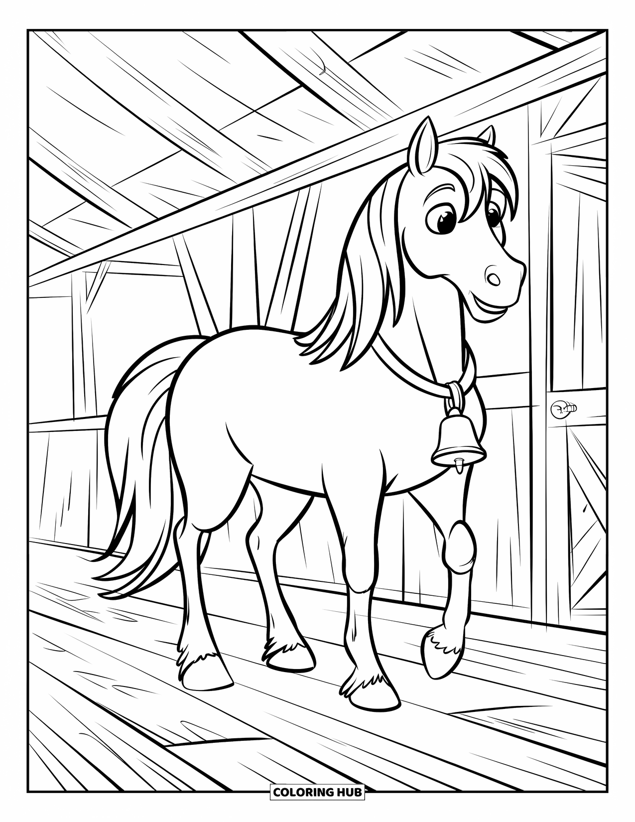 Horse Coloring Page for Kids: A horse stands in a barn with a bell around its neck