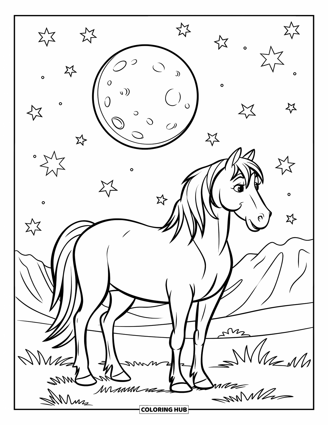 Horse Coloring Page for Kids: A horse stands on a grassy field under a bright full moon