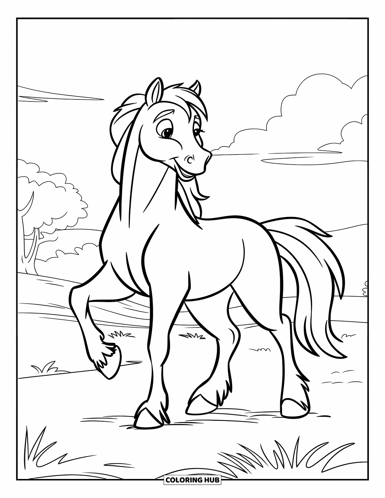 Horse Coloring Page for Kids: A horse stands proudly in a field with hills in the distance