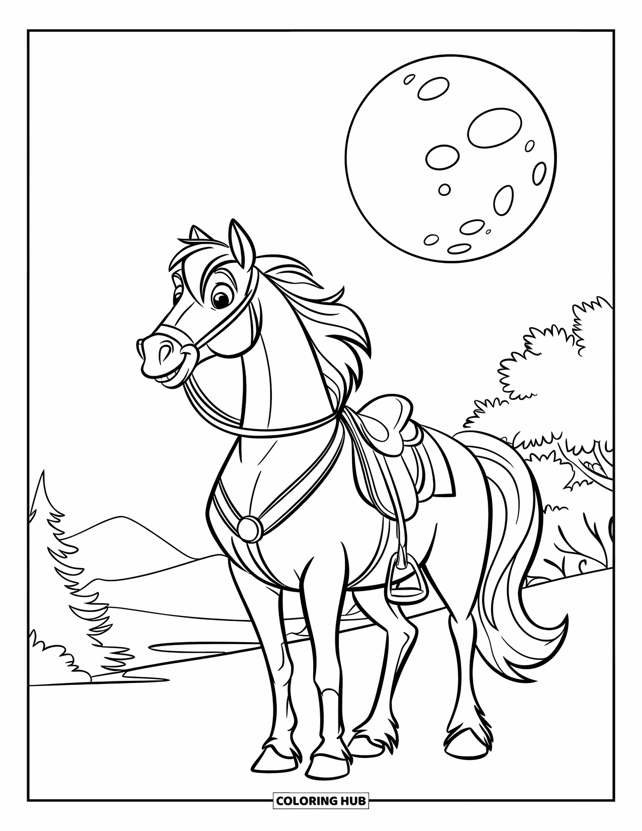 Horse Coloring Page for Kids: A horse stands quietly under the full moon and a starry sky