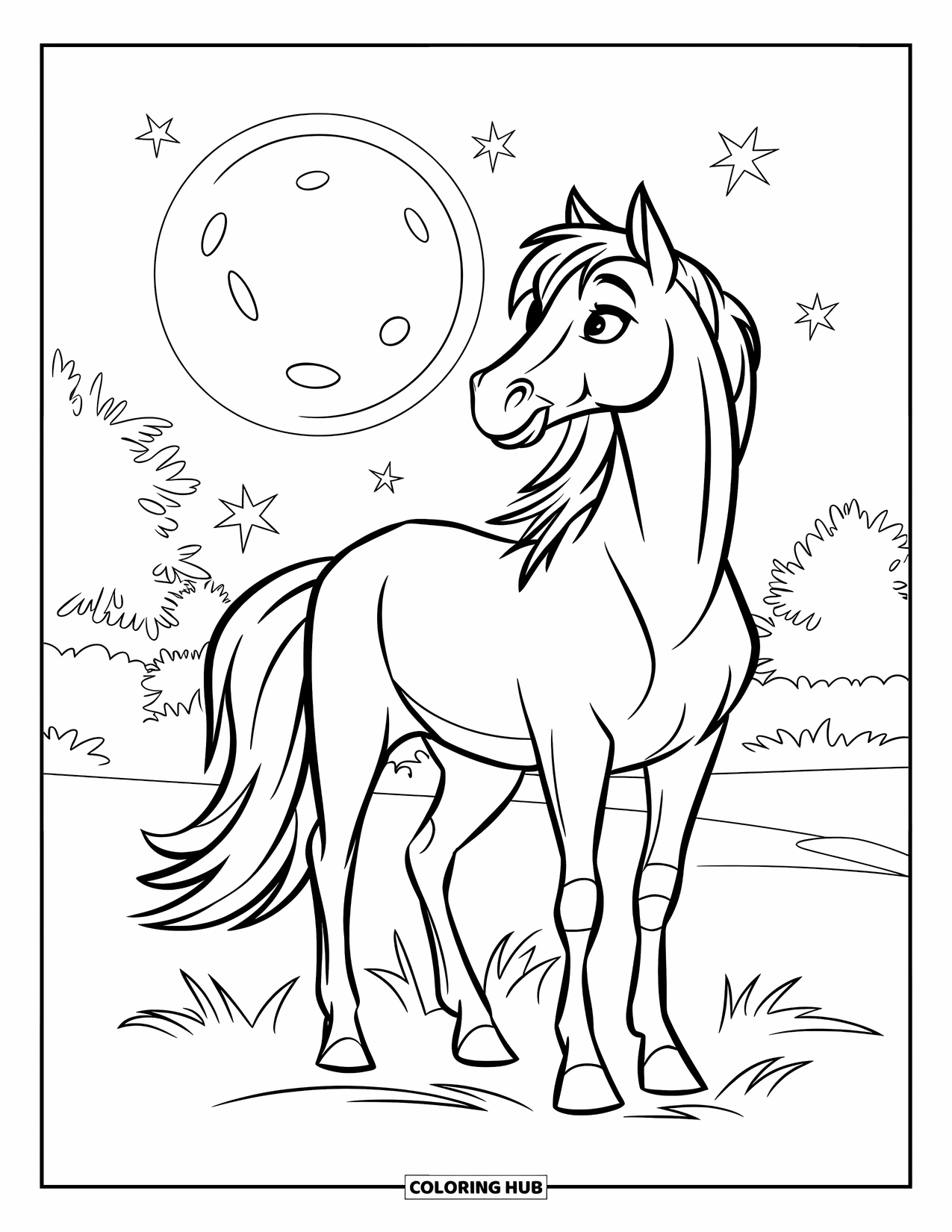 Horse Coloring Page for Kids: A horse stands under a full moon with stars shining above