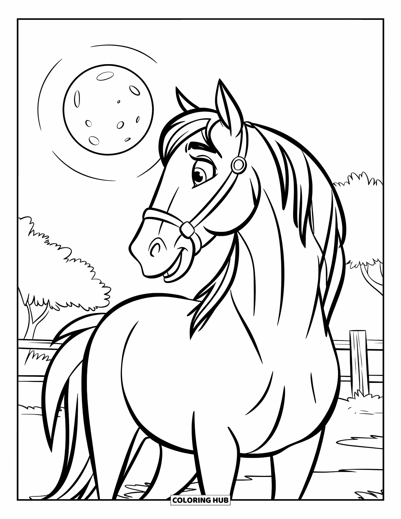Horse Coloring Page for Kids: A horse stands under a glowing moon, surrounded by trees
