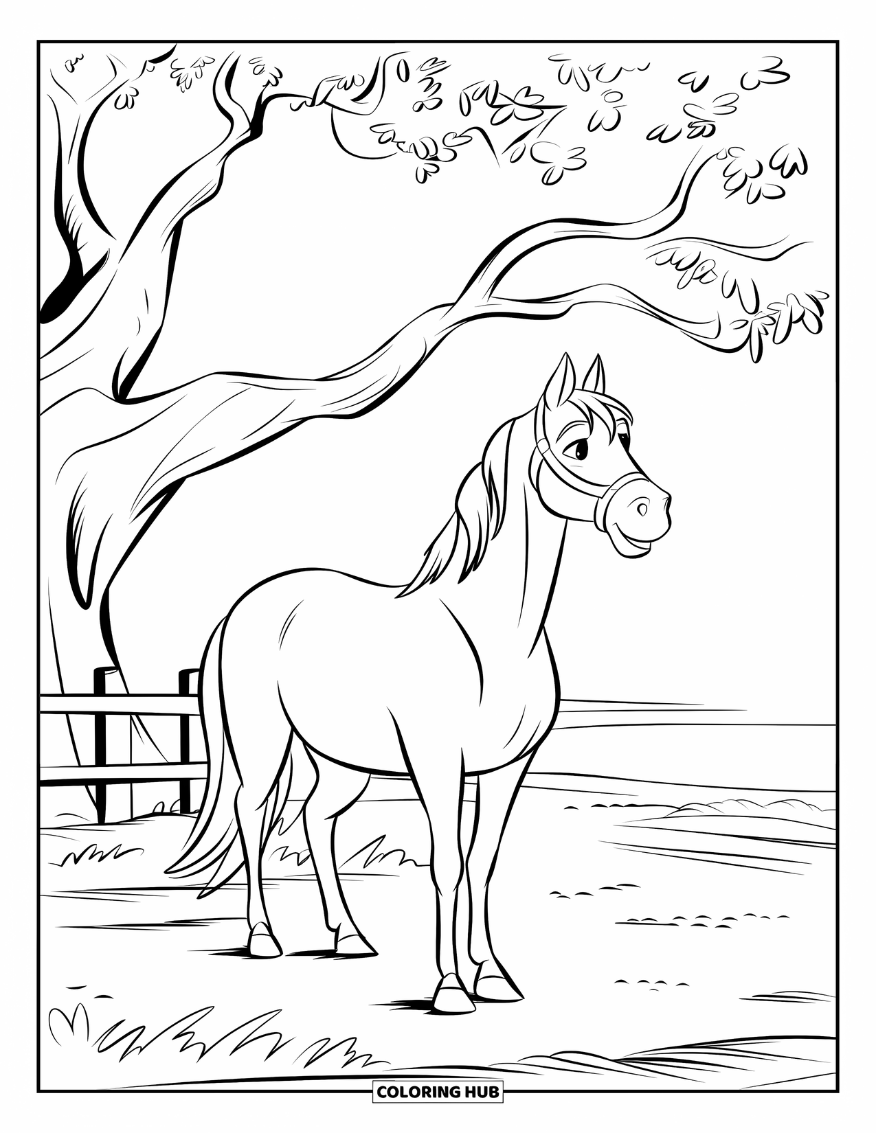 Horse Coloring Page for Kids: A horse stands under a large oak tree, ears perked attentively