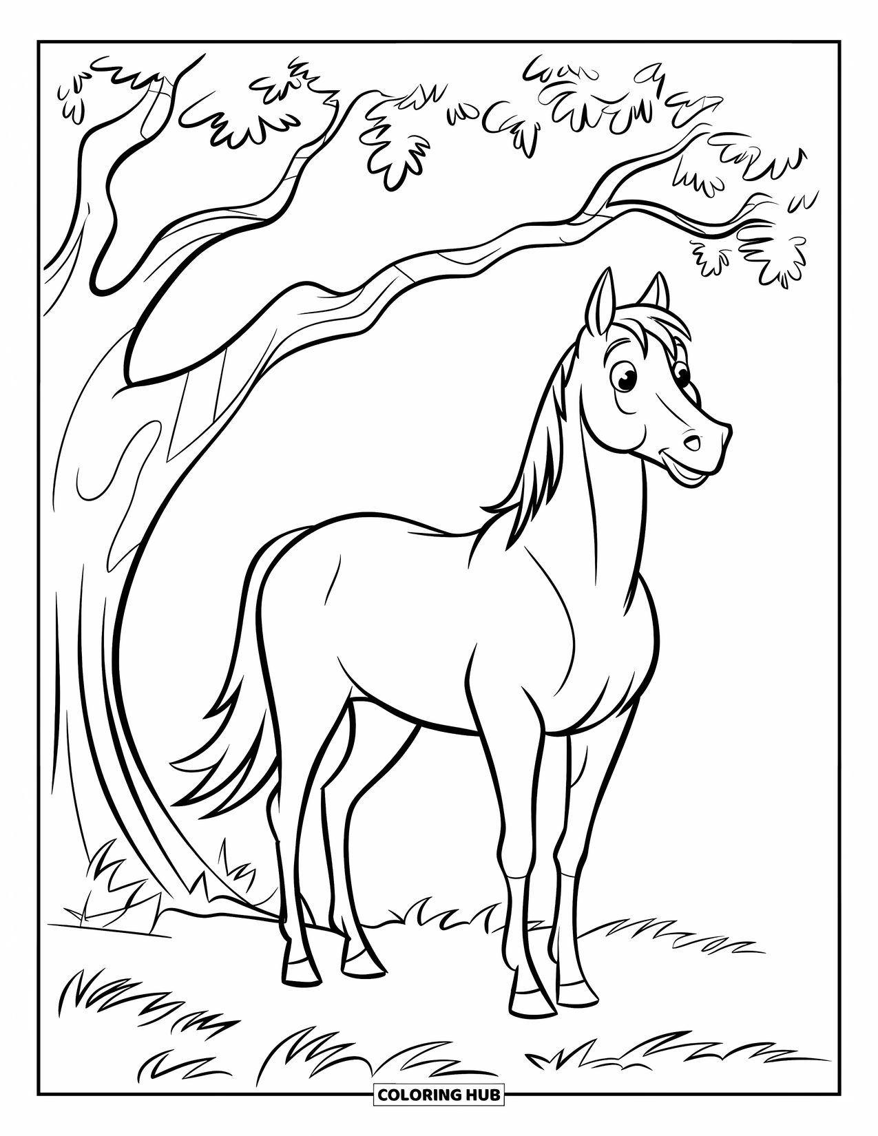 Horse Coloring Page for Kids: A horse stands under a tree with its ears up, near a fence