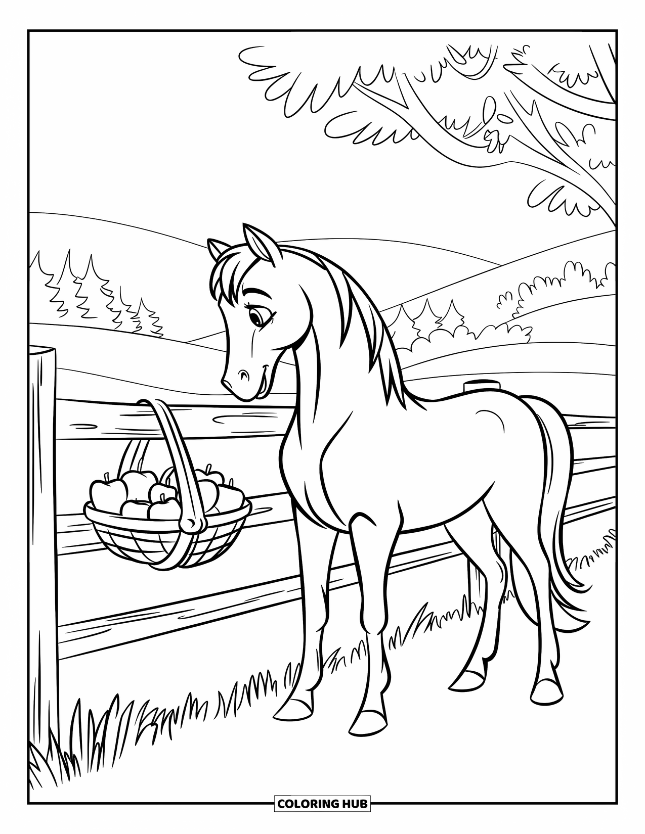 Horse Coloring Page for Kids: A horse watches a basket of apples hanging on a fence