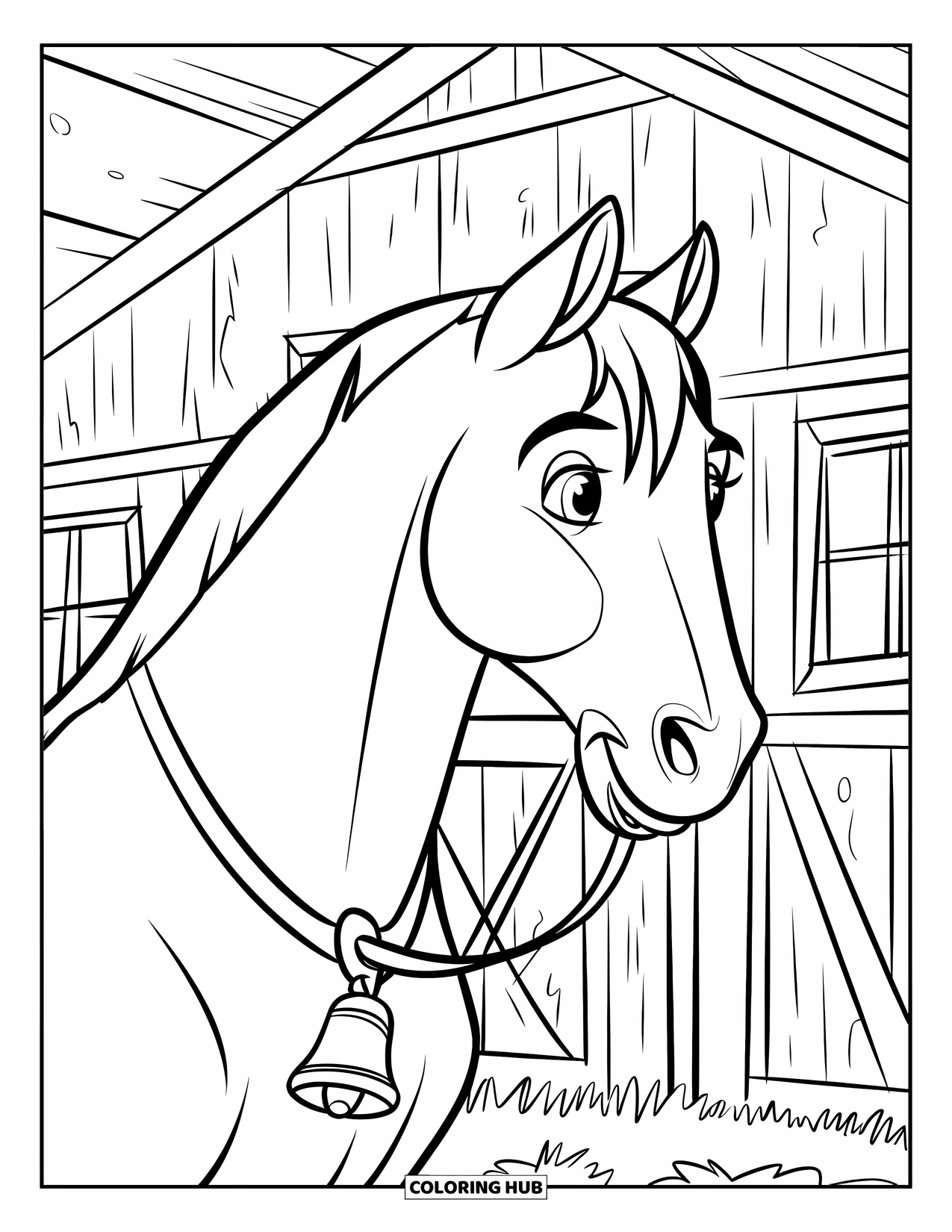 Horse Coloring Page for Kids: A horse with a bell stands in a barn, surrounded by hay