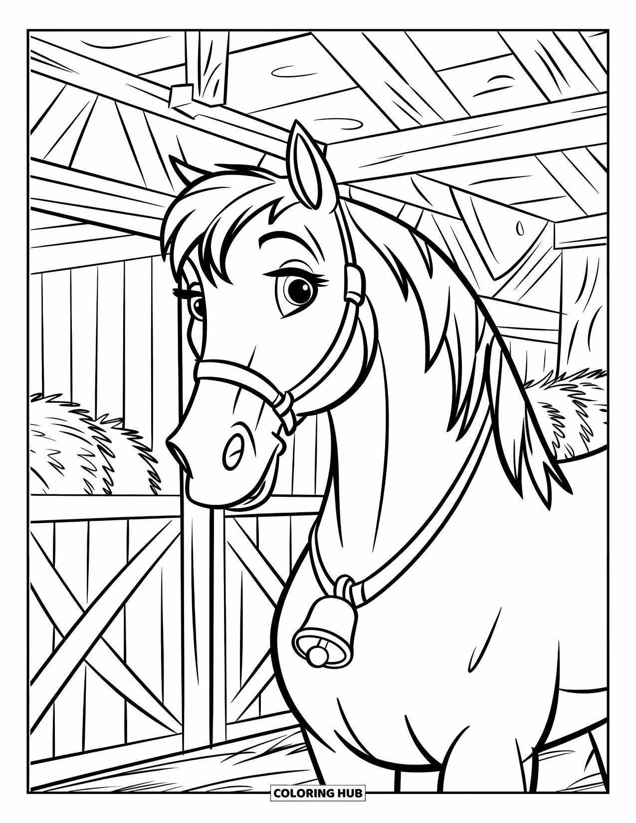 Horse Coloring Page for Kids: A horse with a bell stands in a barn with hay bales around