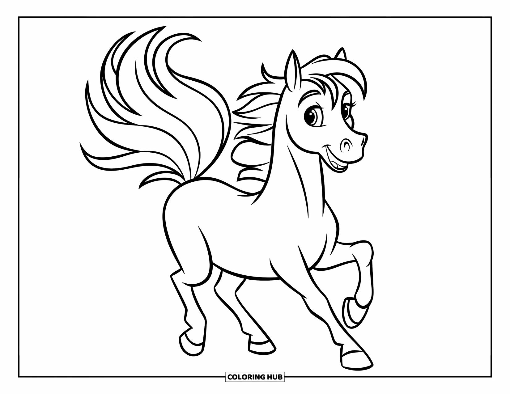 Horse Coloring Page for Kids: A horse with a big tail swishes it happily on a grassy field