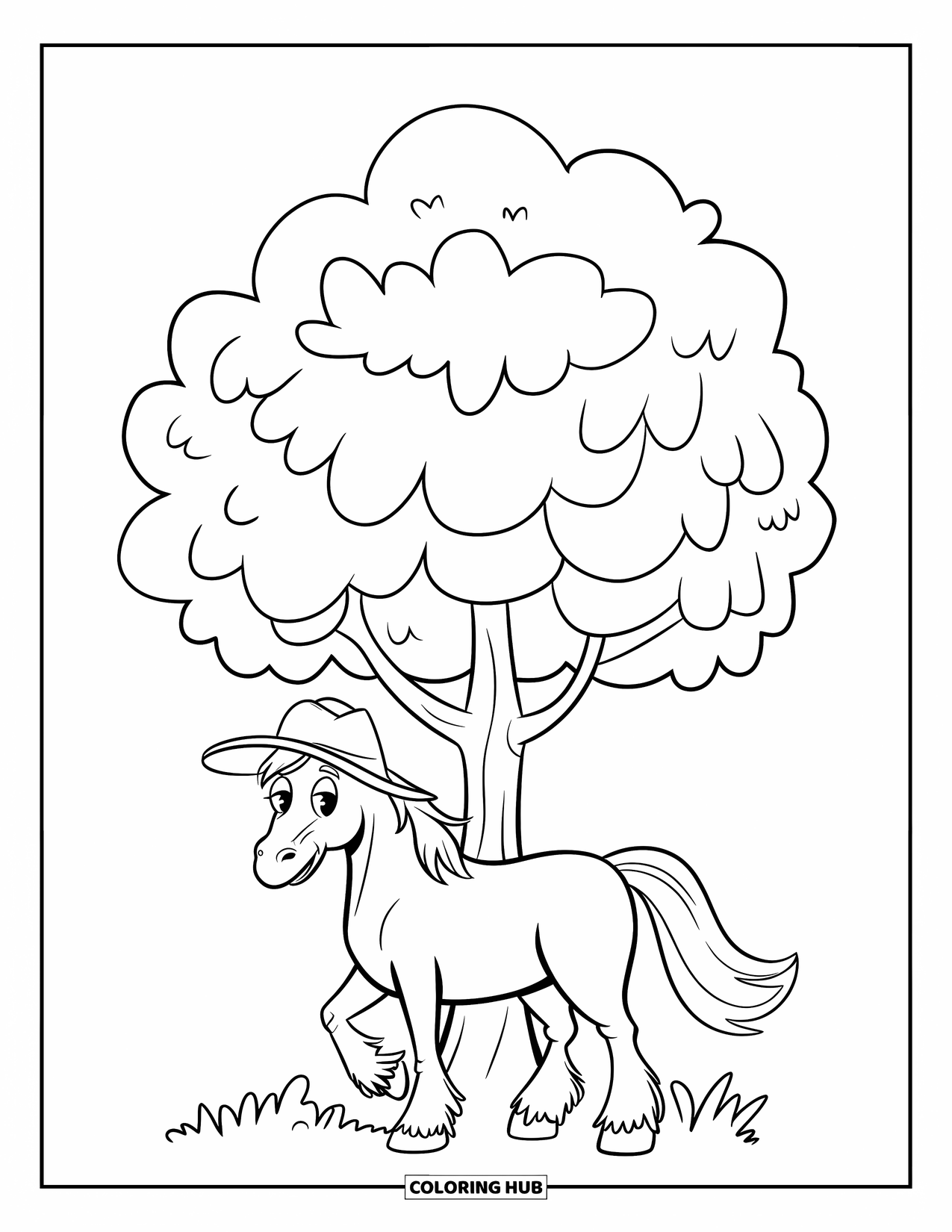Horse Coloring Page for Kids: A horse with a bouncy tail stands under a big tree happily