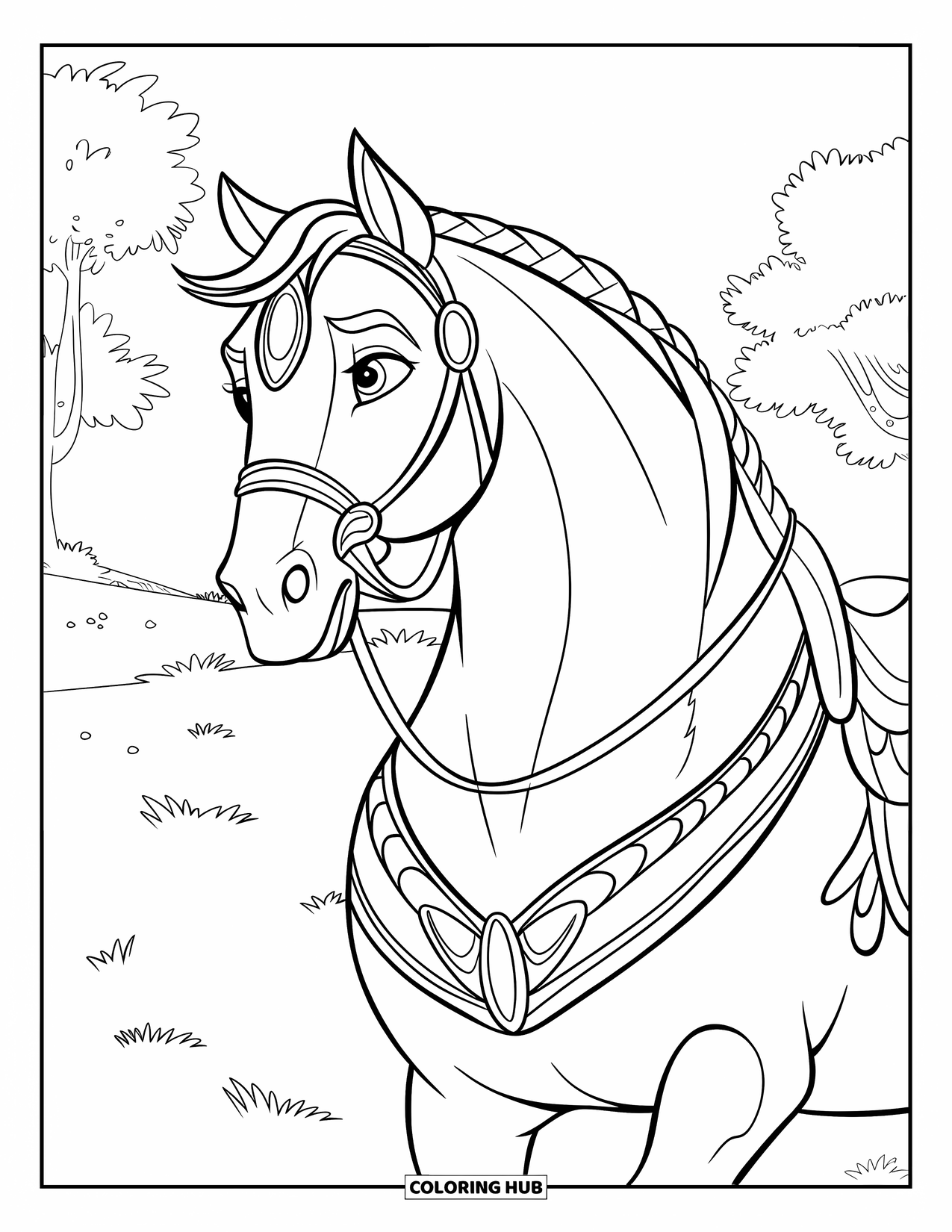Horse Coloring Page for Kids: A horse with a braided mane and fancy bridle stands on grass