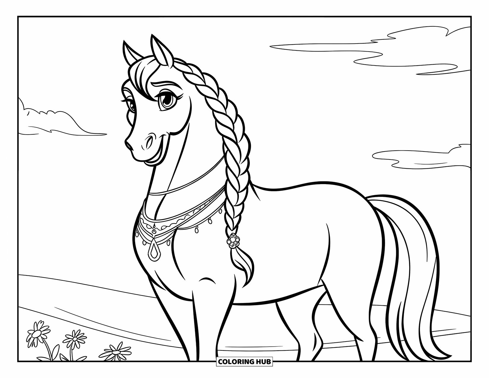 Horse Coloring Page for Kids: A horse with a braided mane and jewelry stands calmly on a sunny field