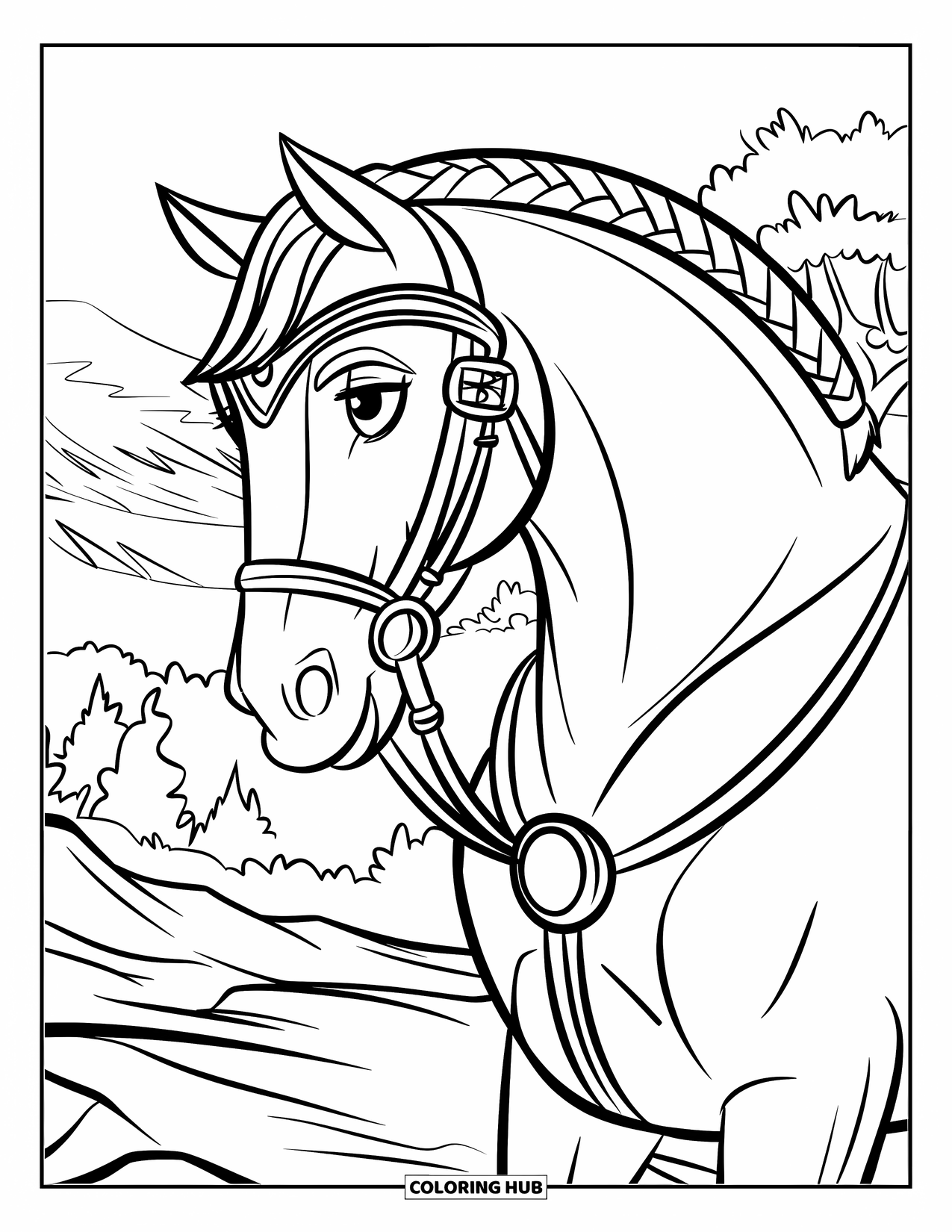 Horse Coloring Page for Kids: A horse with a braided mane stands on rocky ground by trees