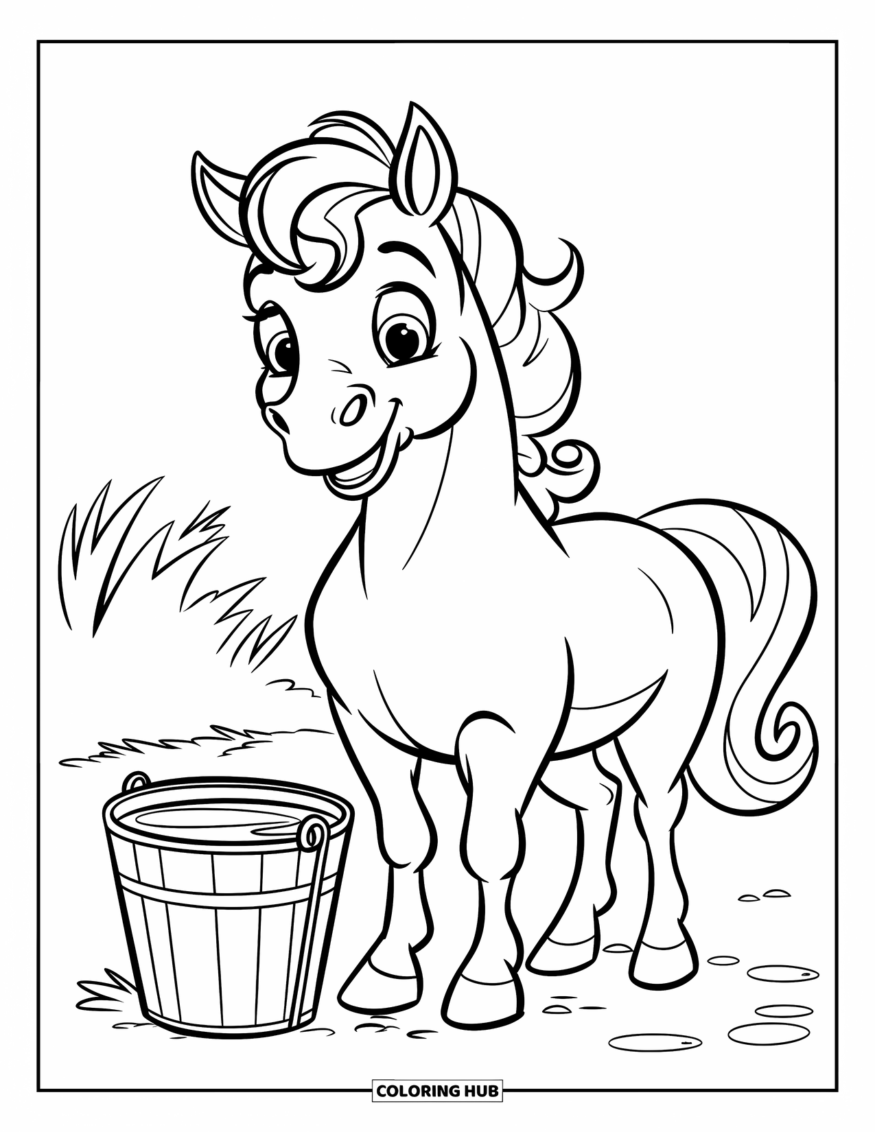 Horse Coloring Page for Kids: A horse with a curly mane stands happily by a bucket of water