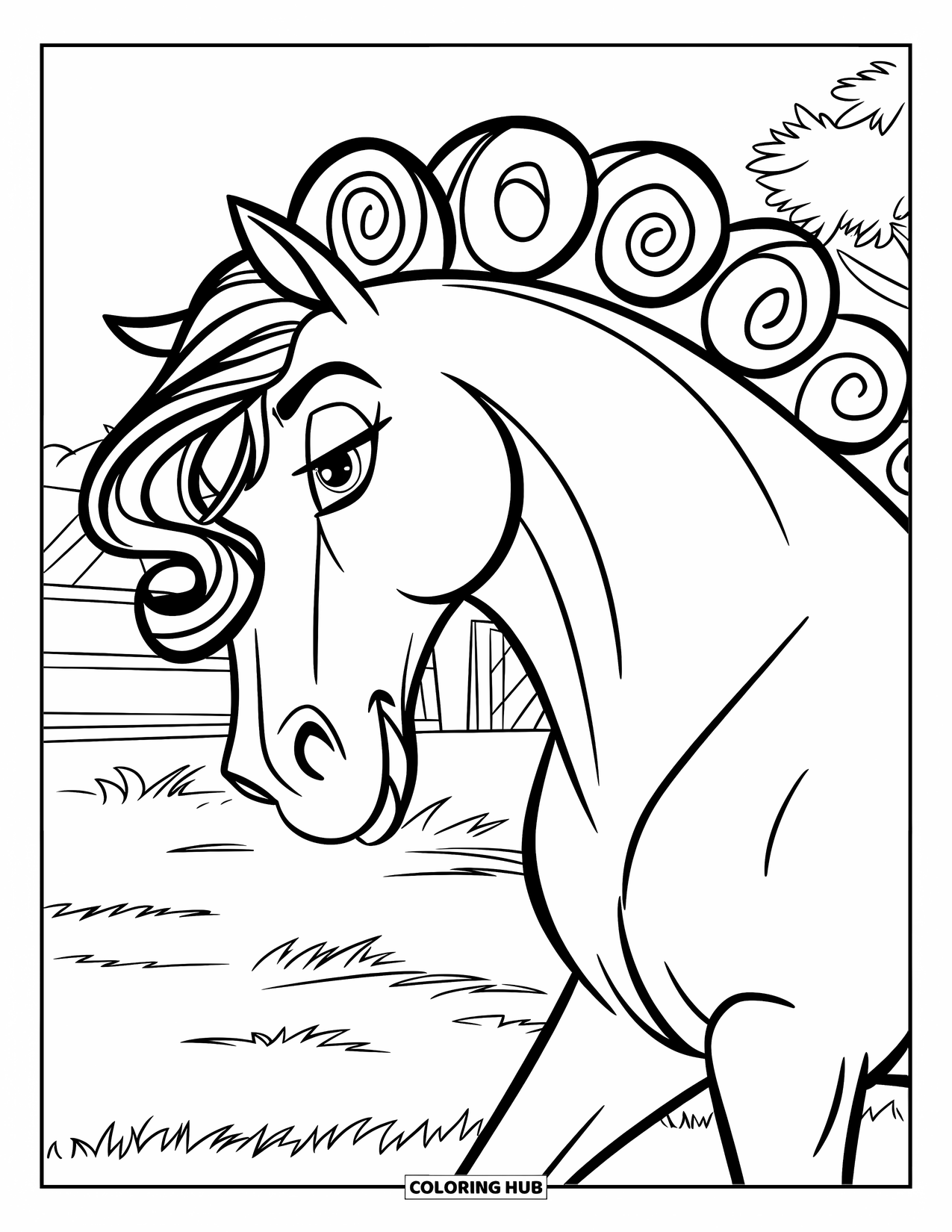 Horse Coloring Page for Kids: A horse with a flowing mane and curls stands peacefully on grass