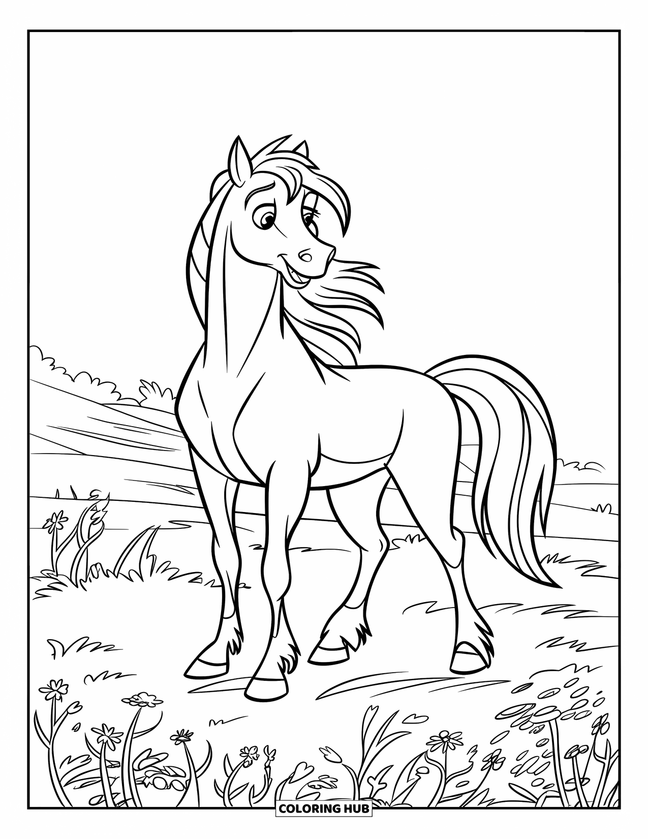 Horse Coloring Page for Kids: A horse with a flowing mane stands gracefully in a field of wildflowers