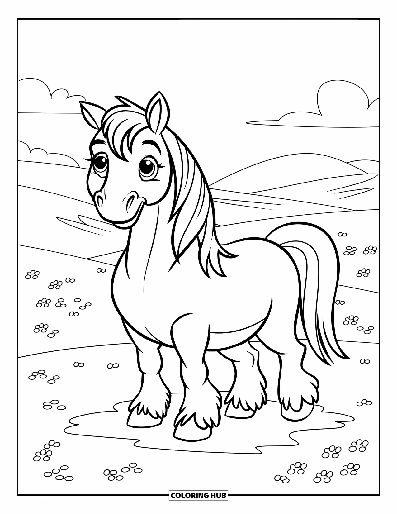 Horse Coloring Page for Kids: A horse with big hooves and a small tail stands happily in a meadow