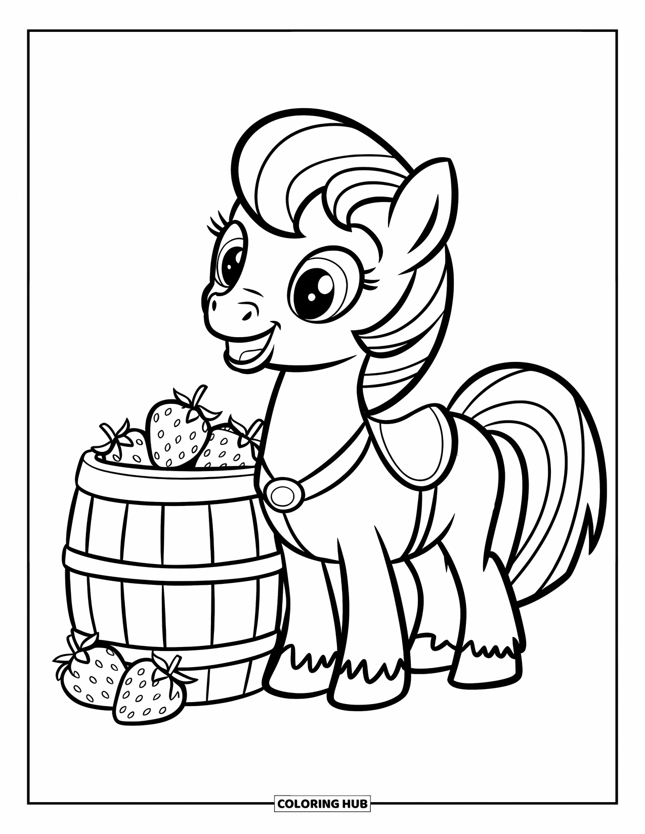 Horse Coloring Page for Kids: A horse with big hooves smiles on a meadow with flowers