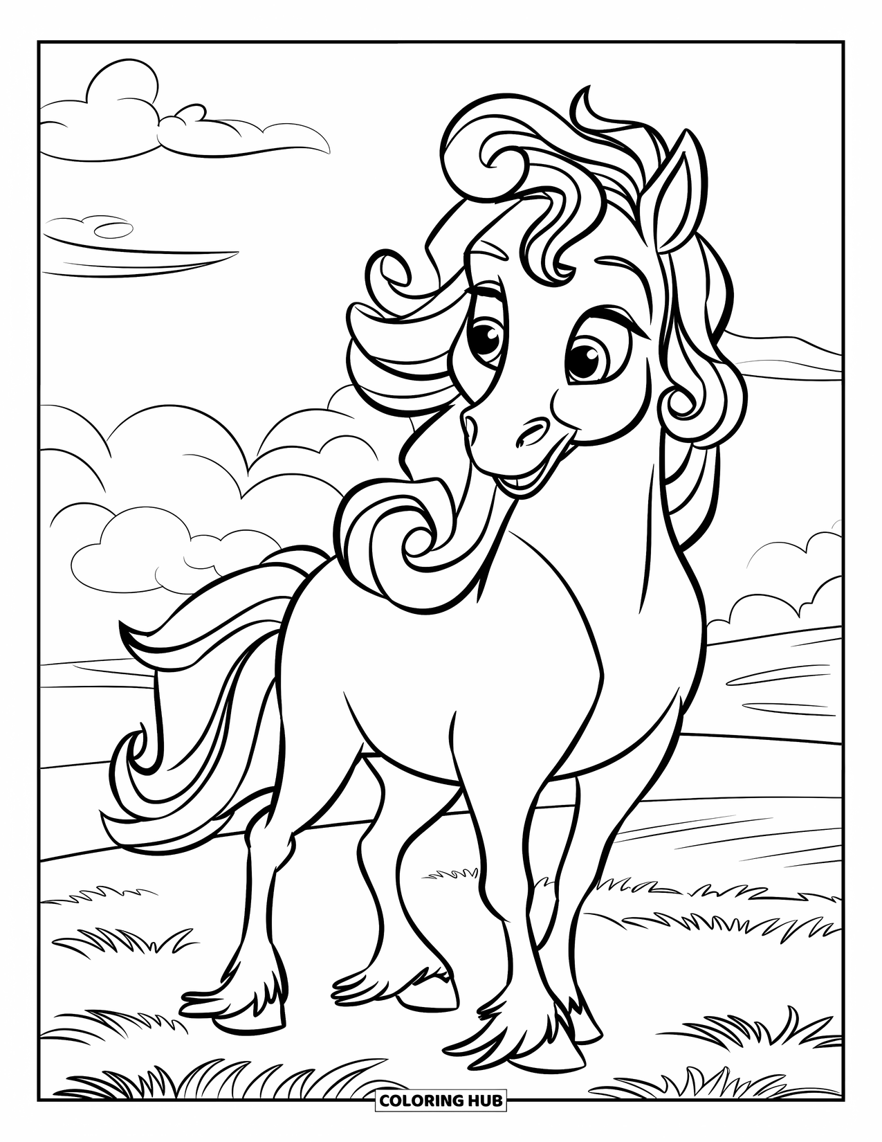Horse Coloring Page for Kids: A horse with curls in its mane stands on a grassy field