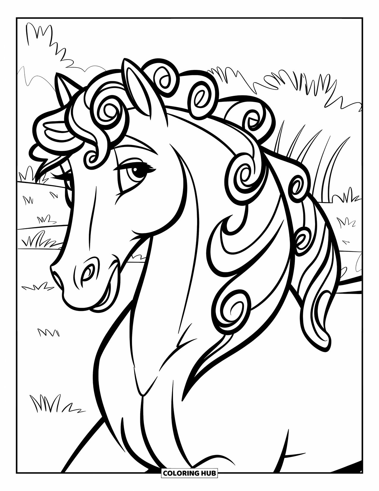 Horse Coloring Page for Kids: A horse with curly mane stands calmly on a grassy field