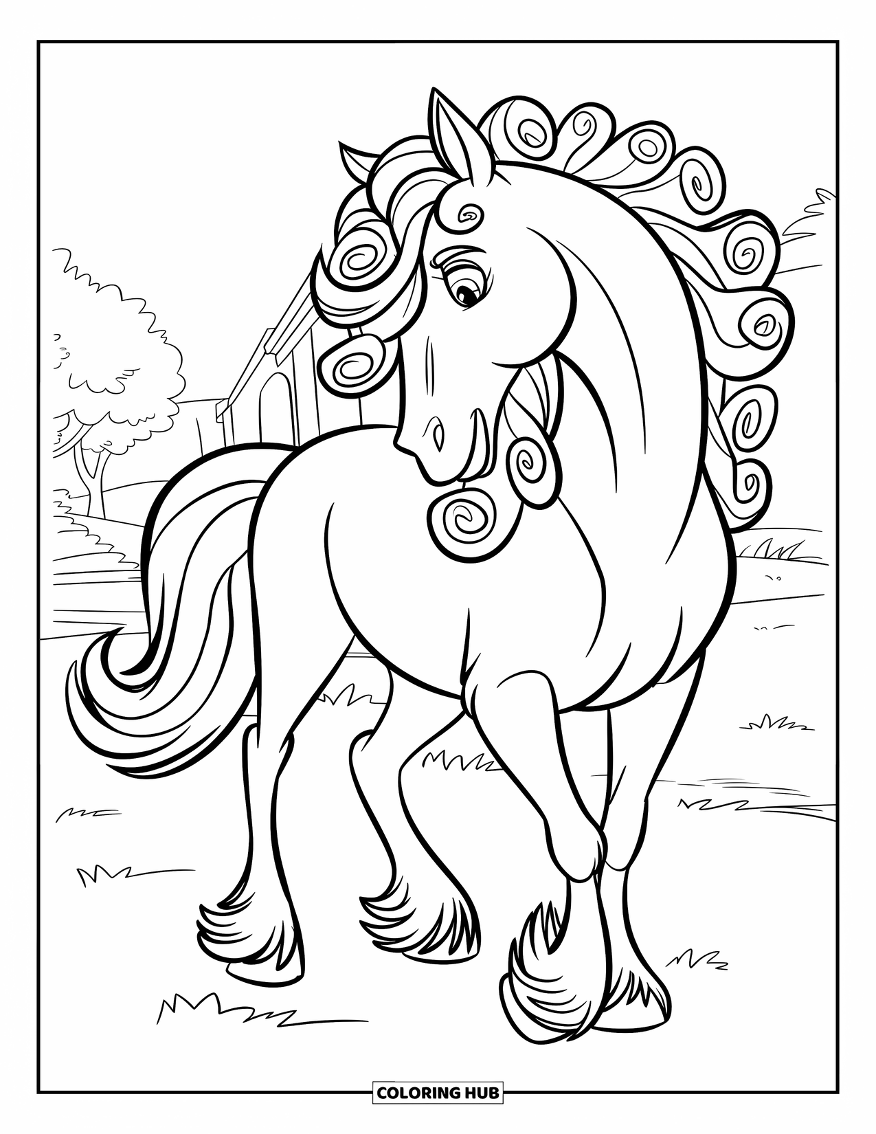 Horse Coloring Page for Kids: A horse with curly mane stands proudly on a field