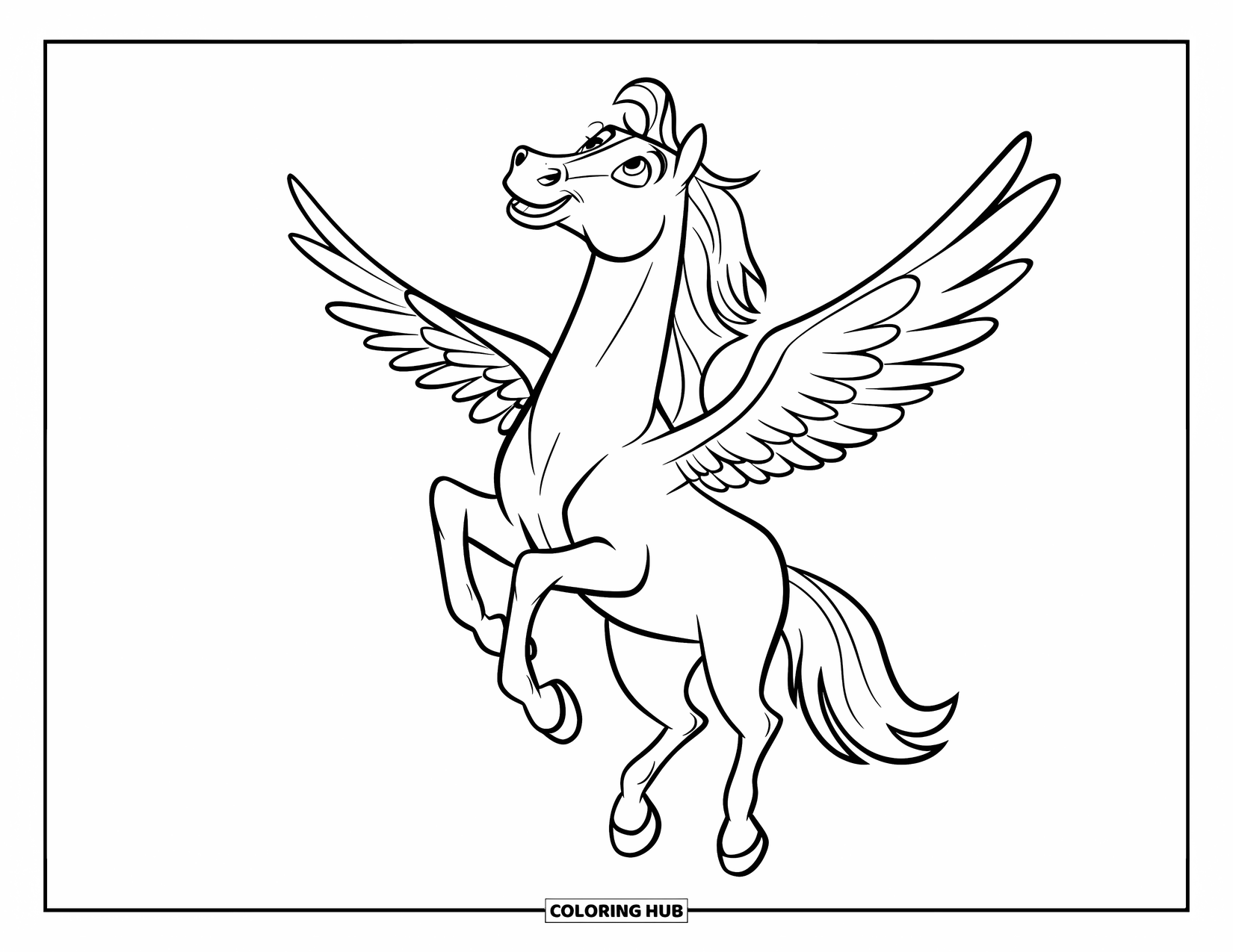 Horse Coloring Page for Kids: A horse with tiny wings looks up as if trying to fly