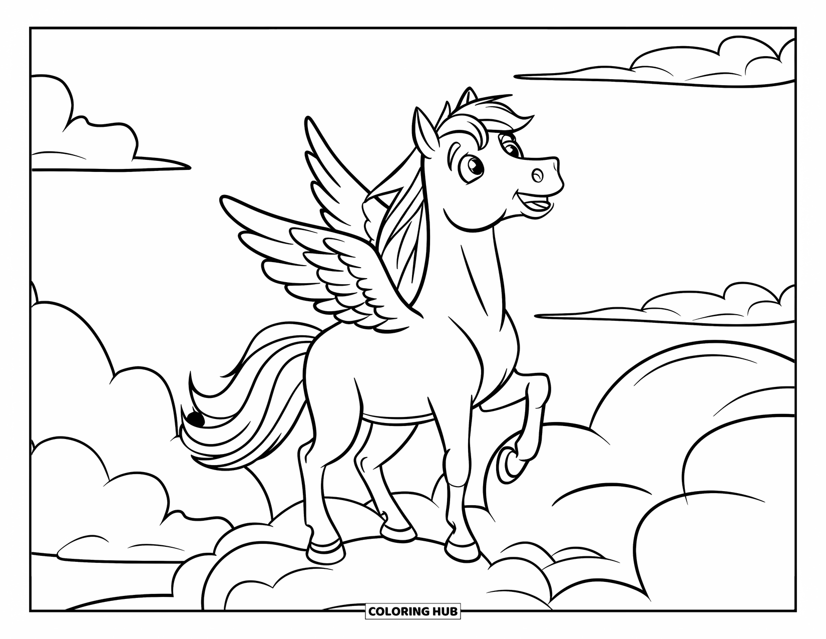 Horse Coloring Page for Kids: A horse with tiny wings stands on a cloud, looking up hopefully