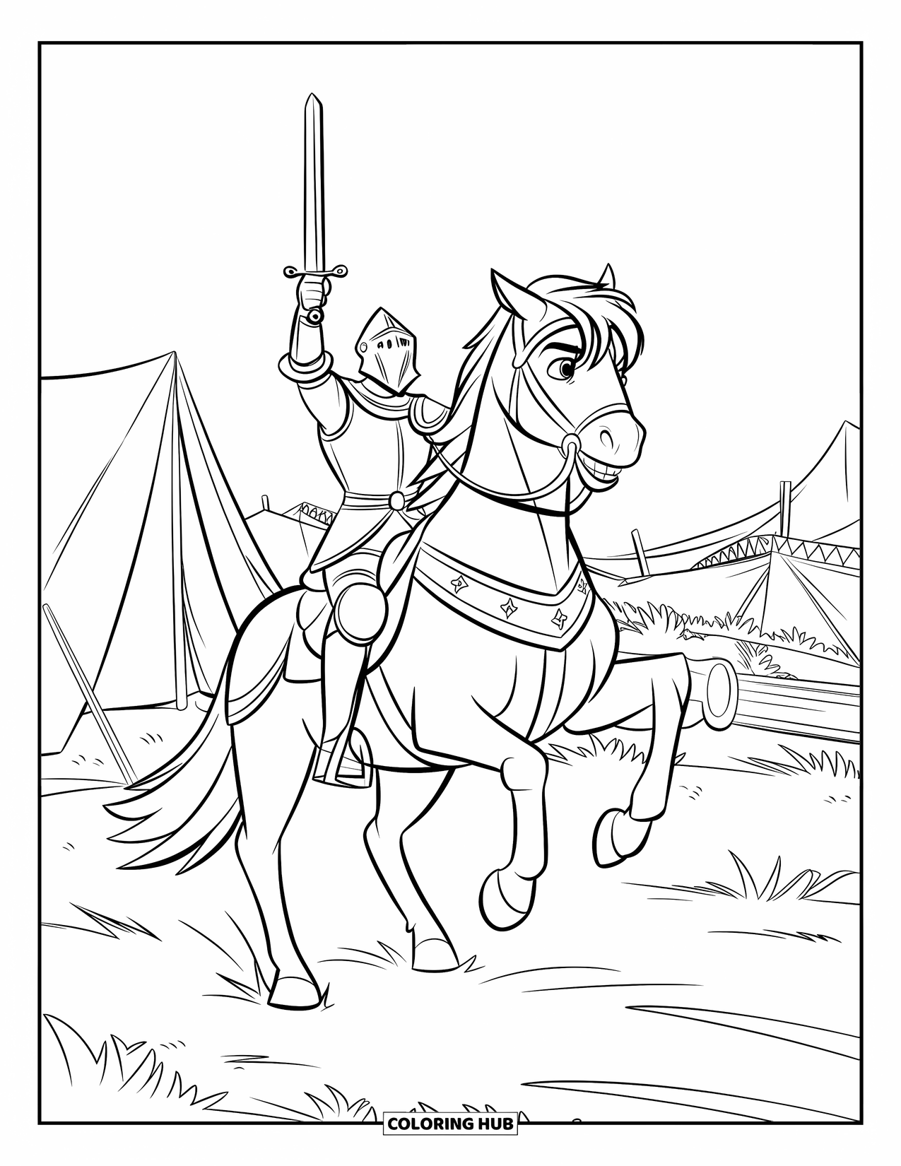 Horse Coloring Page for Kids: A knight on a powerful horse prepares for battle by a castle