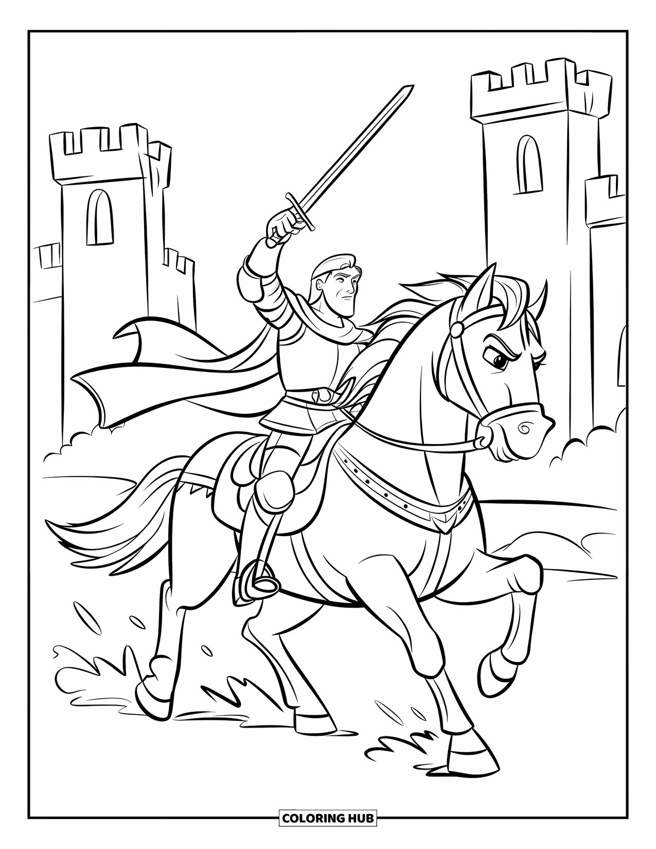 Horse Coloring Page for Kids: A knight on a warhorse rides forward with a sword held high
