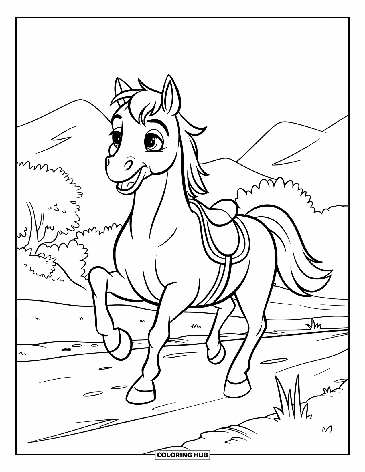 Horse Coloring Page for Kids: A little horse peeks out of a barn door with a happy expression