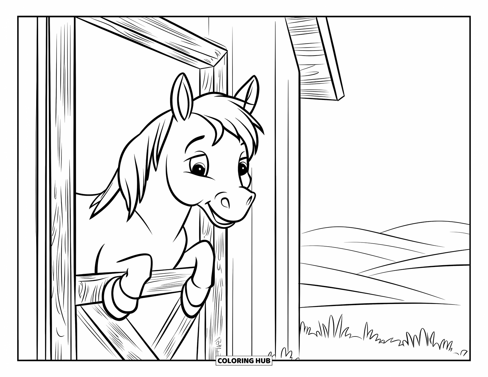 Horse Coloring Page for Kids: A little horse with a cheerful face peeks from the barn door