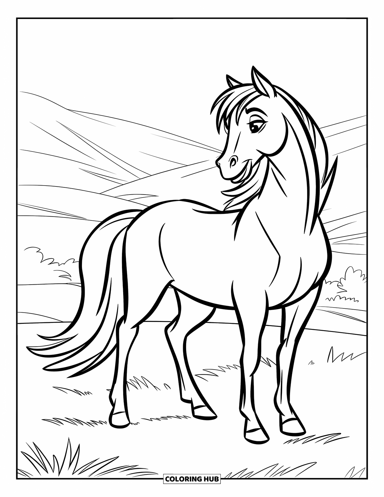 Horse Coloring Page for Kids: A majestic horse stands proudly in a meadow with its tail swaying